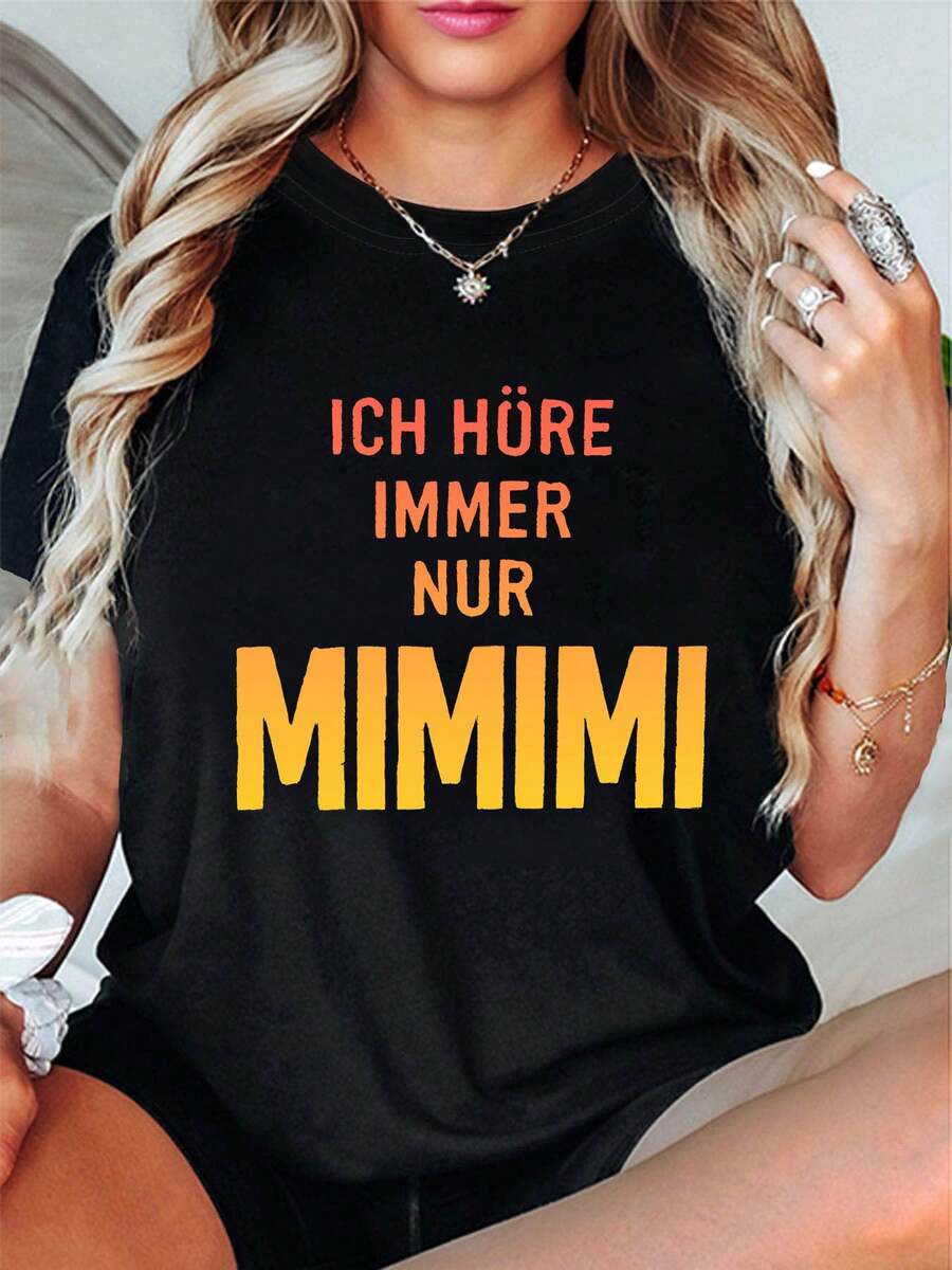 Diseño Simple y Versátil, Camiseta de Algodón para Mujer con Estampado de Texto Humorístico Alemán ICH HÖRE IMMER NUR MIMIMI, Cuello Redondo, Moda Casual, Primavera Verano - Negro - Ver 1
