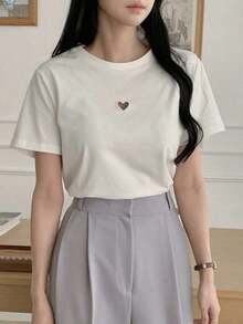 Camiseta casual de verano de mujer con cuello redondo y mangas cortas con detalle de corazón hueco - Blanco - Ver 8