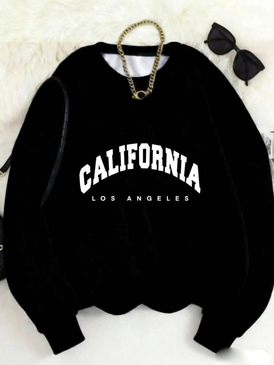 MSUCC|Women's Basic T-Shirt With Round Neck, Print, American Style, Modern And Youthful Design, Suitable For All Seasons And Everyday Wear, With Soft Fabric|Casual Blouse With California Los Angeles Print - 黑色 - 查看 1