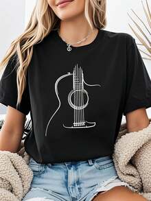 Women's T-Shirts - This Minimalist Style Set, With Simple Lines And A Guitar Print, Is A Plus-Size Women's Casual Crew Neck T-Shirt, Perfect For Spring And Summer, Offering A Creative Style For Everyday Outings. - 黑色 - 查看 7