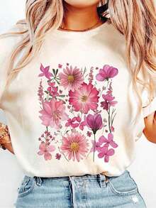 Camiseta de verano premium para mujer, de corte holgado, con estampado floral de estilo retro y bohemio. - Albaricoque - Ver 5
