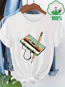Camiseta Deportiva Casual para Mujer de Manga Corta con Gráfico Retro de Casete - Camiseta Elástica de Cuello Redondo, Lavable aáquina, Ajuste Cómodo y Perfecta para Todas las Estaciones, para un Look Vintage y Casual. - Blanco - Ver 7