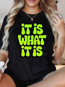 Versatile Plus Size T-Shirt, Women's Short Sleeve Crew Neck T-Shirt, Neon Green Text T-Shirt, Fashionable Casual Top For Women, Fun Prints Ideal For Christmas Parties, Sports Activities, Holiday Parties, Outings, Sports And Other Festive Gifts, The Fabric Is Comfortable And Breathable. - 黑色 - 查看 1