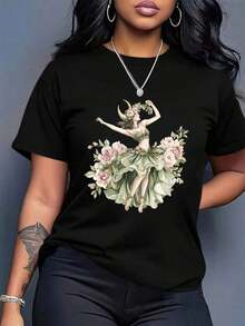 1 Piece Casual Fashion Loose Fit T-Shirt For Men And Women With Vintage Print For Women - XHON Casual Urban Style Top Versatile, Easy To Match, For Daily Wear, Street Style, Holiday Wear, Weekend Wear. - 黑色 - 查看 2