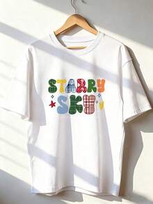 Starry Sky T-Shirt With Checkered Lettering,  Short-Sleeved T-Shirt For Spring/Summer 2026, Made In Mexico, 180 Grams. Cartoon Print, Couple Design, Suitable For Indoor Or Outdoor Wear. Crew Neck, Unisex, Ideal For The Office And Leisure. One-Pack. - WH-P631577SLNDXZGY584 - 查看 1