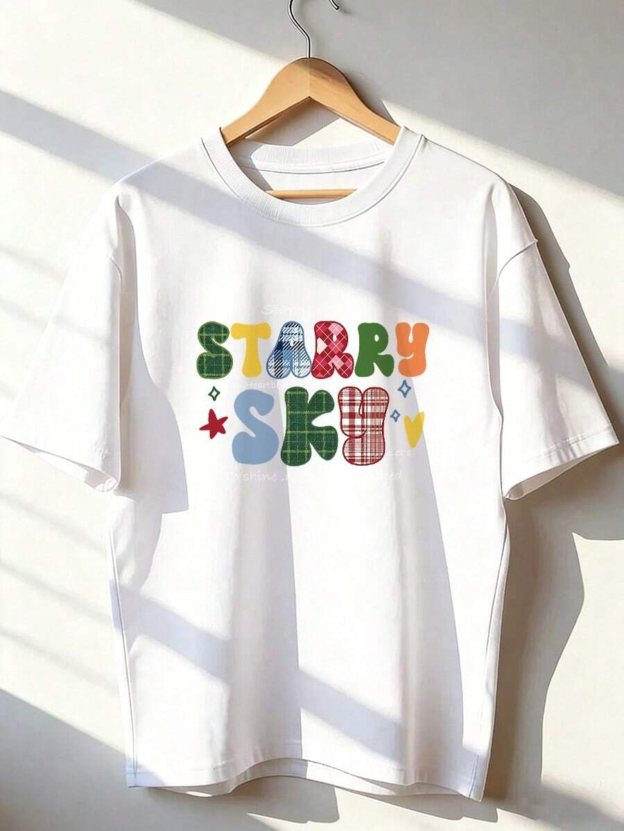 Starry Sky T-Shirt With Checkered Lettering, Short-Sleeved T-Shirt For Spring/Summer 2026, Made In Mexico, 180 Grams. Cartoon Print, Couple Design, Suitable For Indoor Or Outdoor Wear. Crew Neck, Unisex, Ideal For The Office And Leisure. One-Pack. - WH-P631577SLNDXZGY584 - 查看 1