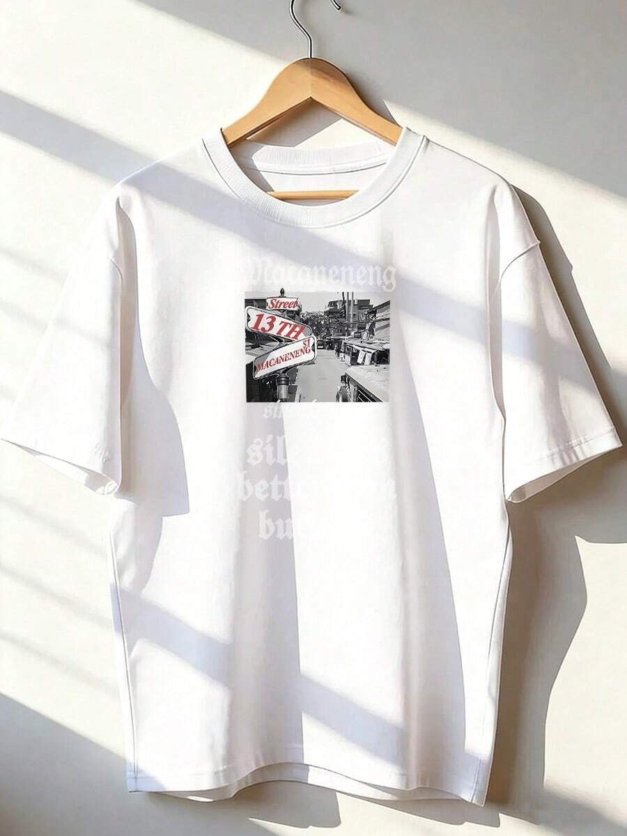 Retro Street Photo T-Shirt With "Silence Is Better Than" Slogan, Fashionable Short-Sleeve T-Shirt For Spring/Summer 2026, Made In Mexico, 180 Grams. Cartoon Print, Couple Design, Suitable For Indoor Or Outdoor Wear. Crew Neck, Unisex, Ideal For Office And Leisure. One-Pack. - WH-P631577SLNDXZGY586 - 查看 1
