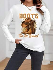 Camiseta Deportiva Casual para Mujer con Diseño Gráfico de Botas de Vaquero - Camiseta Blanca de Manga Larga, Elástica y de Cuello Redondo, Lavable aáquina, Ajuste Cómodo y Apta para Todas las Estaciones, Estilo Chic y Rústico. - Blanco - Ver 7