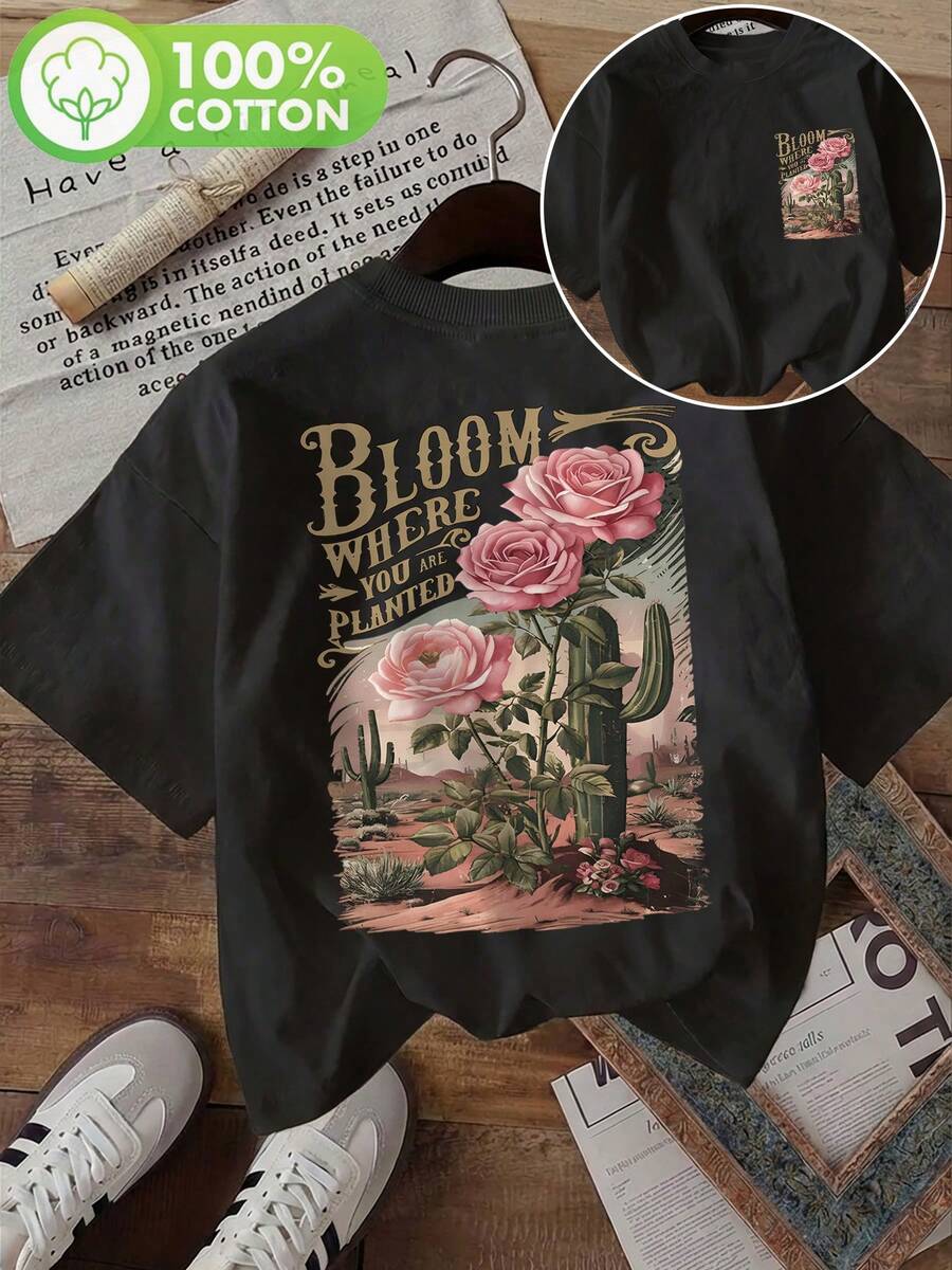 |   Diseño exquisito |   Suelto y cómodo |   Fácil de combinar | [Impresión a Doble Cara] Top de Moda para Mujer, Ropa de Verano para Mujer, Estilo Vintage, Estampado de Rosas y Cactus, Cuello Redondo, Camiseta de Manga Corta de Algodón Puro - Negro - Ver 1