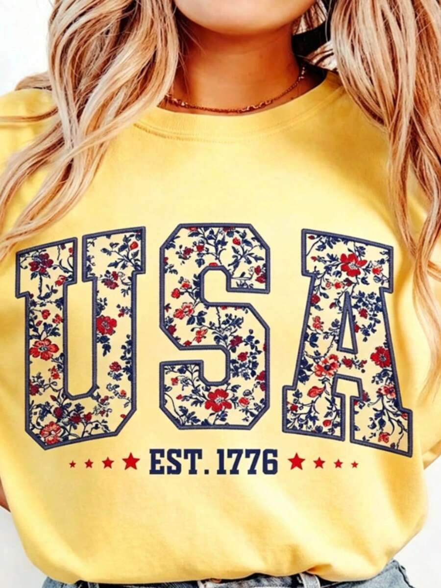 Floral USA Shirt, Retro America Shirt, 4th Of July PNG, 4th Of July, Retro USA ,Soft Cotton, Unisex Fit, Classic Design-Loose-Fit Easy Relaxed Styl - 黃色 - 查看 1