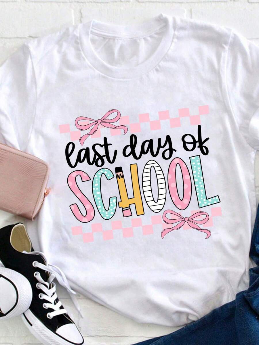 Women's Last Day T-Shirt | Black With Pink And Blue-Green Lettering, Teacher's Day Gift, End-Of-Year Party Outfit, Soft And Breathable 180gsm, Machine Washable, Loose Fit, Casual College Style Top, Round Neck, Durable Material, Short Sleeve - Unisex, Suitable For Casual Daily Outings, Short Sleeve Summer Top, Retro Y2K Print T-Shirt. - 白色 - 查看 1