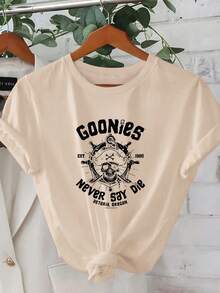 Women's Casual Summer T-Shirt, 1 Piece - Short-Sleeved Women's T-Shirt With A 2D Geometric Pirate Print Design, Modern Urban Style. | Youthful Aesthetic | Comfortable And Fitted, Cute T-Shirt. - 杏色 - 查看 12