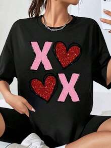 Women's Oversized T-Shirt With Sparkling Heart Print Xoxo, Fashionable Casual Top, Valentine's Day Gift, Artistic T-Shirt - 黑色 - 查看 7