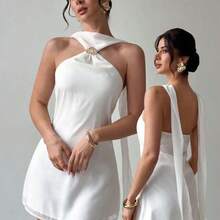 Elegante y delicado vestido camisero con decoración metálica y espalda descubierta, ropa de verano, ropa de playa, ropa de resort, ropa de resort bohemia y tropical, atuendo para conciertos, fiestas rave, festivales de música country, elegante atuendo para citas nocturnas, vestido de verano para mujer, vestido para té de la tarde, vestido blanco de graduación, atuendo de celebración para festivales de música, vestido con espalda descubierta - Amarillo - Ver 2