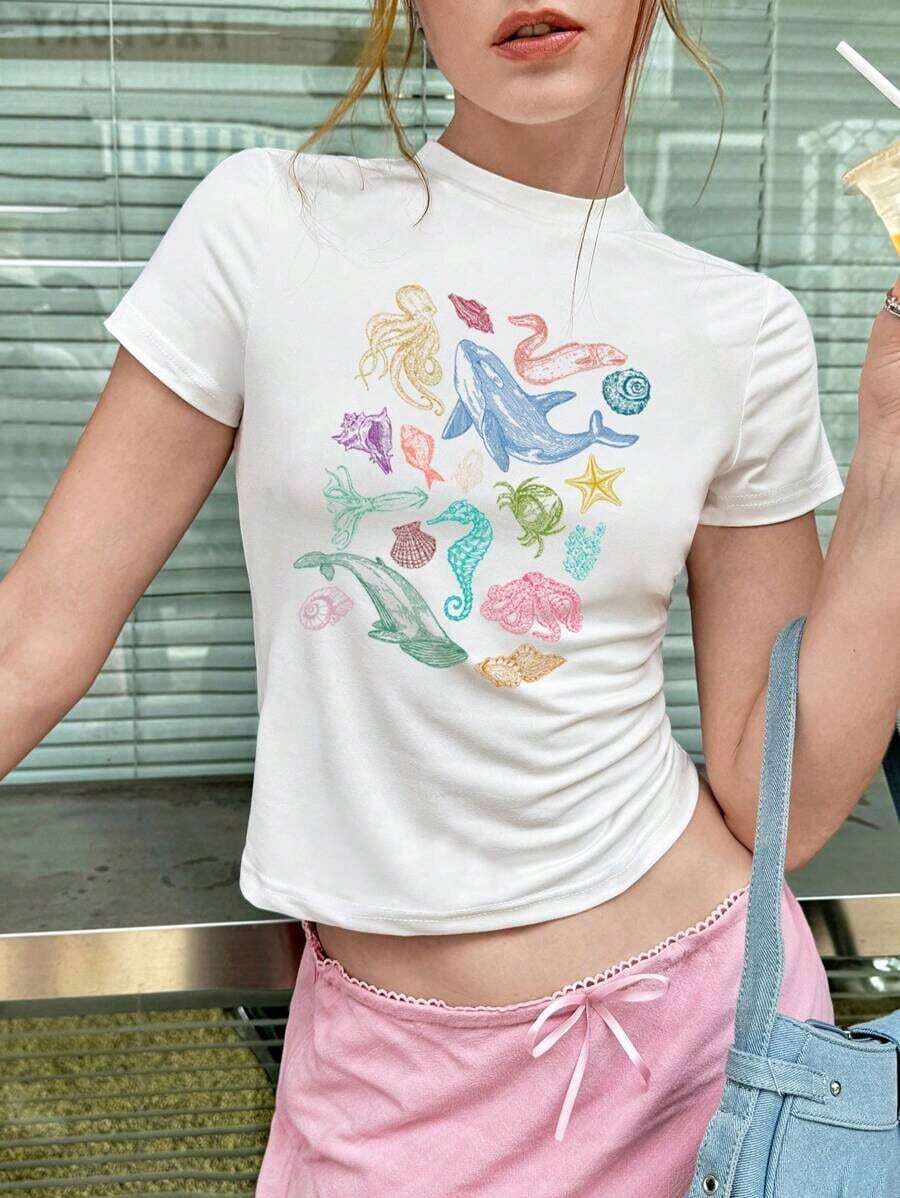 Y2K Style, Style, The Newest Of 2026, Cute Style, Casual Style. Graphic Tee With Marine Life Print And Color Blocks In Y2K Style For Summer Vacation, For Women, 180g (S-XXXL) - 白色 3 - 查看 1