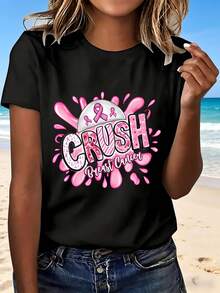 Breast Cancer Awareness Crush T Shirt With Pink Ribbon Design Fashionable And Inspirational Statement Top For Women Perfect Gift For Support And Solidarity Breast Cancer Awareness Events And Fundraisers - 黑色 - 查看 1