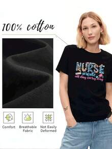 Women's T-Shirt With A Fun Nurse Mode Design Featuring A Medical Print, Perfect For Nurses. Comfort And Style In One Garment. - 黑色 - 查看 5