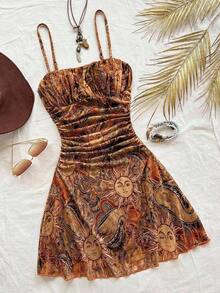 Vestido corto de tirantes con estampado de paisley para vacaciones casual de mujer - Naranja - Ver 1