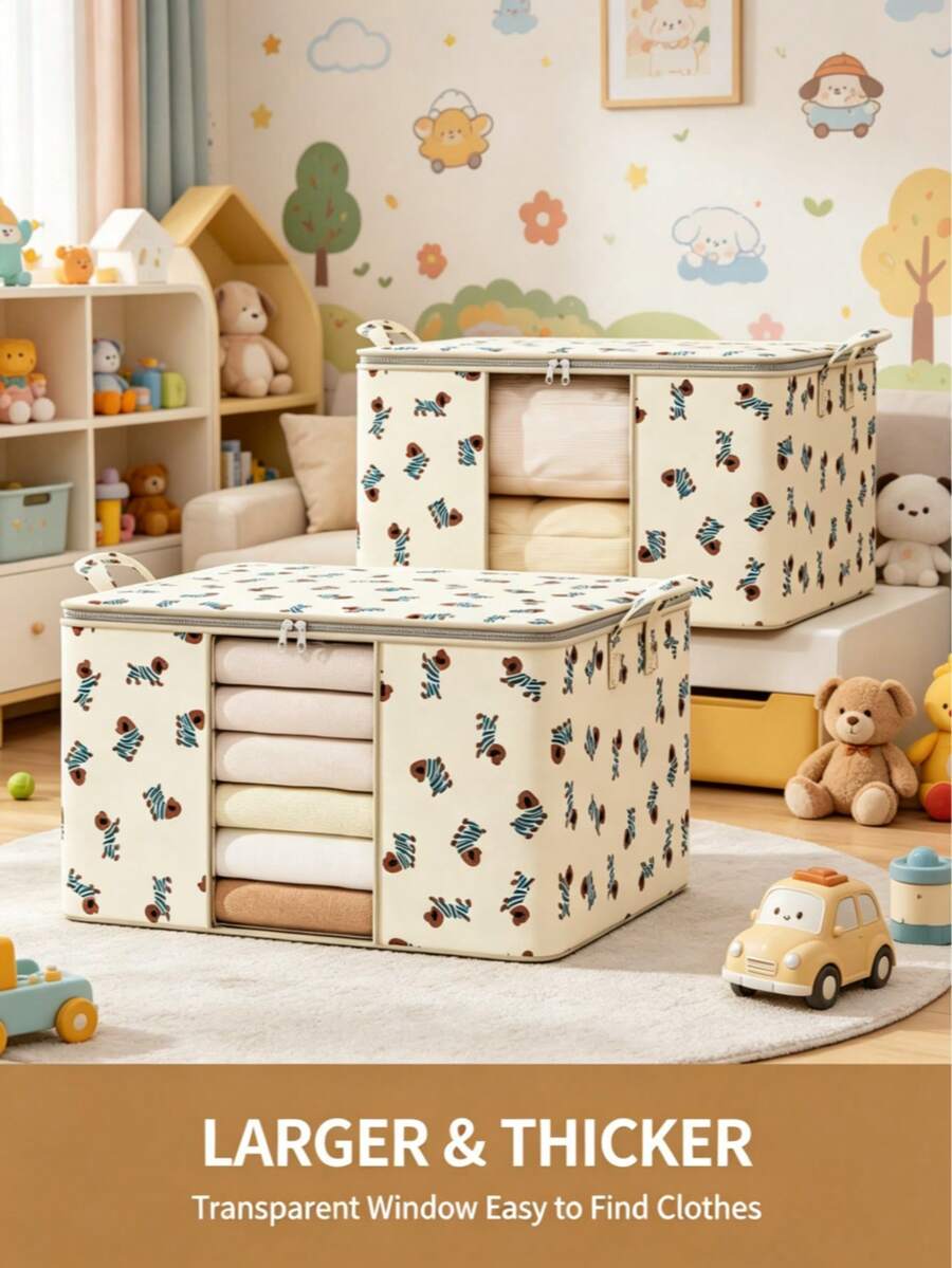 1PC Cartoon Dog Print Foldable Storage Bag With Steel Frame, Large-Capacity Quilt & Clothes Organizer With Clear Window & Zipper, Home & Kids' Room Organization, Cute Style, Thick Fabric Material, Rectangular Shape, With Reinforced Handles & Sturdy Frame, Dustproof & Moisture-Proof Function, For Quilts/Bedding/Clothes, Cute & Durable, For Parents/Home Organizers, Kids' Room Essential - Multicolor - View 1