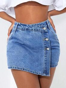 PETITE Short vaquero sexy con bolsillo frontal, cruce de cintura y abotonado para mujer - Azul lavado medio - Ver 6