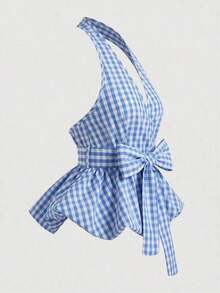 2026 Nueva llegada Blusa de mujer con estilo envolvente y detalle de lazo, patrón de rayas clásico - Versátil para uso casual diario, oficina, viajes relajados - Azul - Ver 3