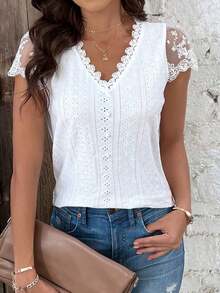 Camiseta De Verano Para Mujer Con Mangas Cortas Y Encaje Y Textura De Tela - Blanco - Ver 2
