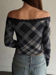 Camiseta ajustada para mujer con hombros descubiertos, con encaje y lazo de contraste, manga larga, top con hombros descubiertos - Gris 2 - Ver 2