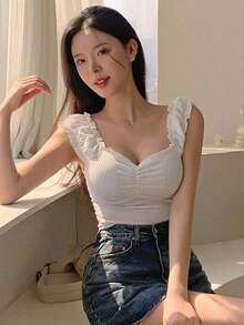 Top de camisola fruncido para mujer, top de cami ajustado y versátil - Blanco - Ver 8