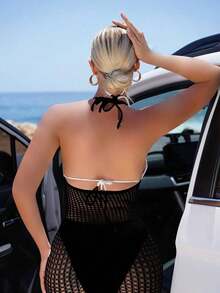 Swim  Vestido de encubrimiento sin mangas con cuello halter para mujeres para vacaciones de verano en la playa con apliques huecos - Negro 2 - Ver 2