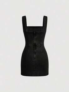 MOD Vestido de mezclilla de Body con cuello cuadrado y abertura, para moda de verano de mujeres - Negro - Ver 2
