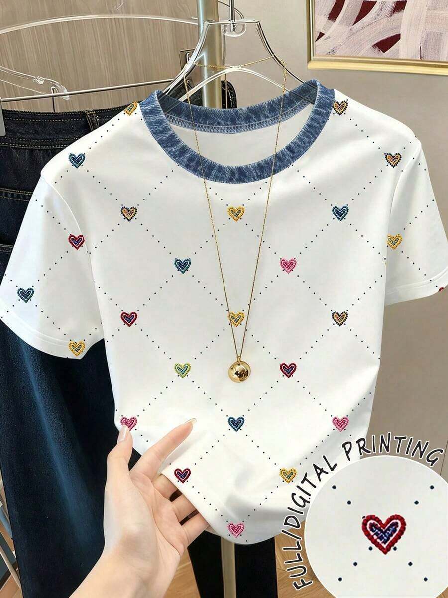 Camiseta de mujer con cuello redondo, estampado de corazones y lunares, y bloques de color - Blanco - Ver 1