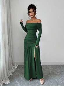 Vestido de punto ajustado de manga larga con hombros descubiertos, elegante y vintage, adecuado para otoño/invierno, Halloween - Verde - Ver 4
