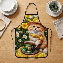 1 pieza, Delantal de poliéster con diseño de gato cocinero y girasol, adecuado para cocinar, hornear y jardinería - se puede usar como atuendo para la cocina y el comedor - Multicolor - Ver 5