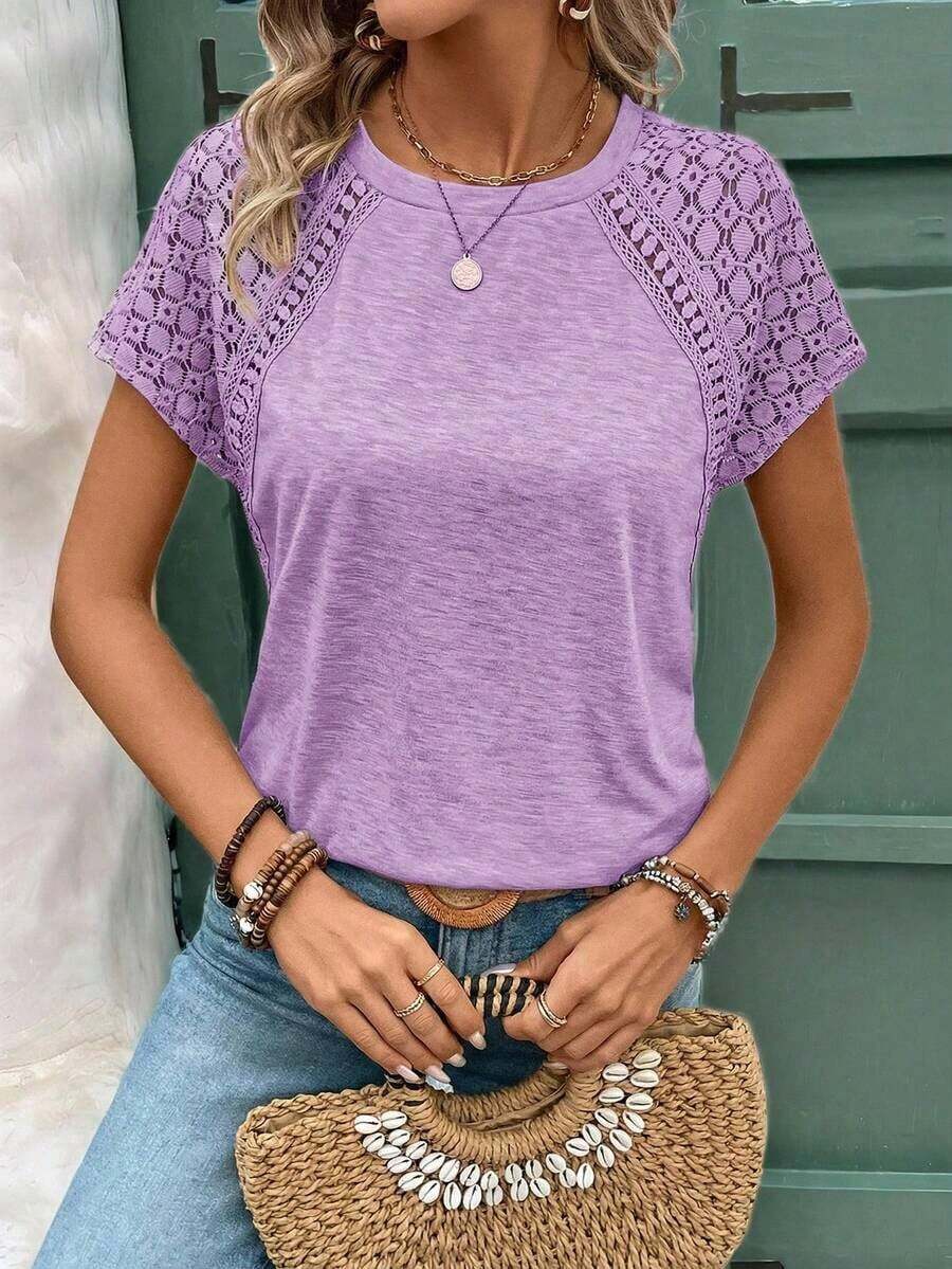 Elegante Camiseta Ajustada Con Patchwork De Encaje Y Manga Corta - Morado - Ver 1