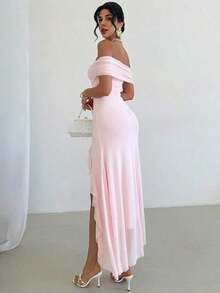 Vestido ajustado con volantes y hombros descubiertos de unicolor elegante para mujer, vestido de mujer en degradado de color rosa - Rosa - Ver 9