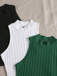 Top de tanque casual sólido de cuello redondo acanalado para el verano - Multicolor 10 - Ver 4
