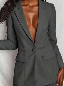 Conjunto de blazer y pantalones de unicolor y manga larga minimalista para mujer - Gris Oscuro - Ver 2
