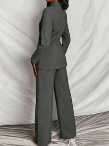 Conjunto de blazer y pantalones de unicolor y manga larga minimalista para mujer - Gris Oscuro - Ver 4