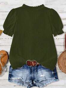 Blusa casual con cuello en V, volantes y mangas de pétalos acanalados para tallas grandes - verde militar 2 - Ver 2
