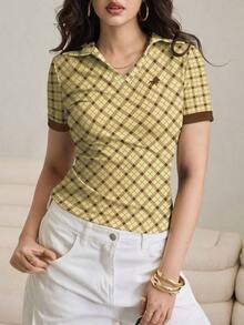 Camisa polo corta de mujer con estampado a rayas de equitación, cuello de color contrastante - Multicolor 8 - Ver 3