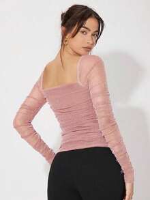 Top panel con malla fruncido brillante - Rosa - Ver 2