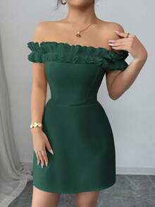 Vestido romántico con hombros descubiertos y volantes en la cintura para mujeres - Verde Oscuro 2 - Ver 5