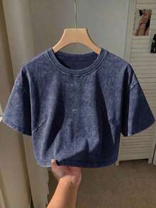Camiseta básica de manga corta de 100% algodón lavado, verde oliva - Azul marino - Ver 1