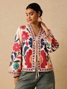 Camisa casual versátil de uso diario con estampado floral y nudo delantero para mujer de talla grande - Multicolor 5 - Ver 3