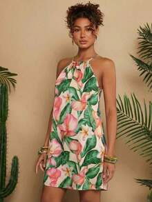 Vestido corto holgado con hombros al descubierto y estampado tejido para mujeres para vacaciones - Albaricoque - Ver 5
