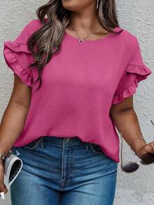 Blusa casual con cuello redondo, mangas con volantes y estampado floral para mujer de talla grande - Rosa vieja - Ver 4