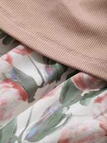 Set de 2 piezas con camiseta de unicolor y falda con estampado floral para mujer, ropa de vuelta al colegio y atuendos de vacaciones estilo bohemio - Rosa - Ver 8