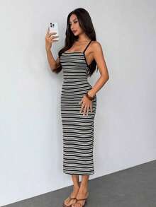 Vestido casual de vacaciones con tirantes finos para mujer - Blanco y Negro - Ver 6