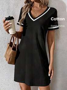 Vestido de punto de bloques de color con cuello en V, elegante y casual, con correa tejida, negro - Blanco y Negro - Ver 1