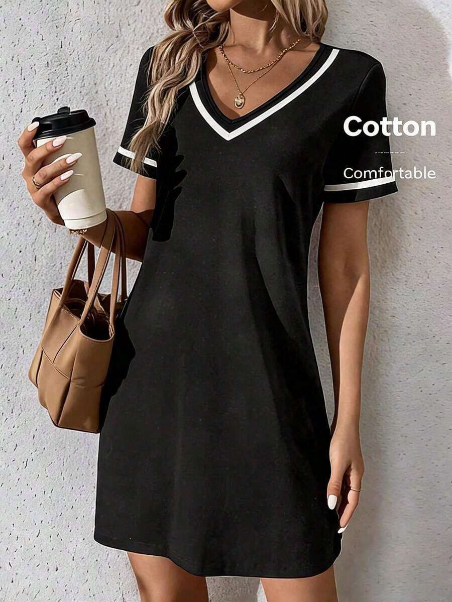 Vestido de punto de bloques de color con cuello en V, elegante y casual, con correa tejida, negro - Blanco y Negro - Ver 1
